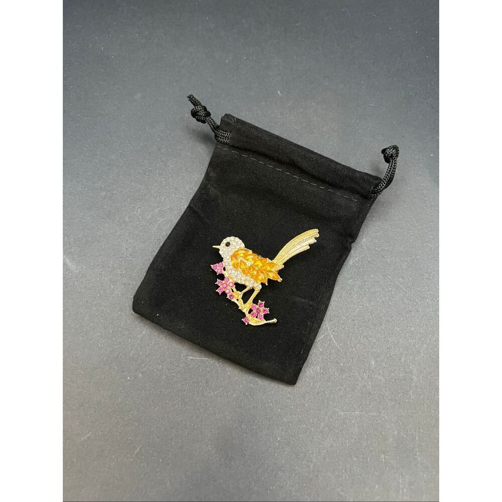 Gold Tone Yellow Bird on a Pink Branch Rhinestone Brooch Pin